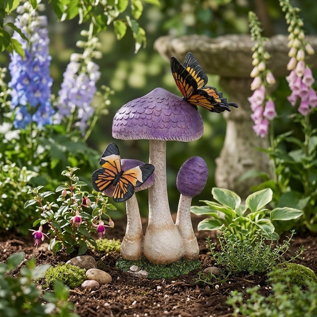 Purple Toadstool Mushroom Garden Statue with Monarch Butterflies