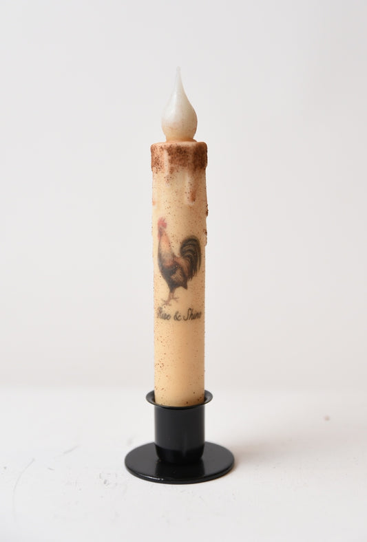 Rise and Shine Rooster 7" Led Timer Taper Candle and Black Holder Set