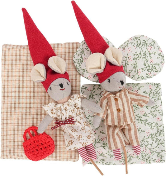 Levlovs Girl and Boy Christmas Mouse with Bedding and Pillows in Keepsake Box