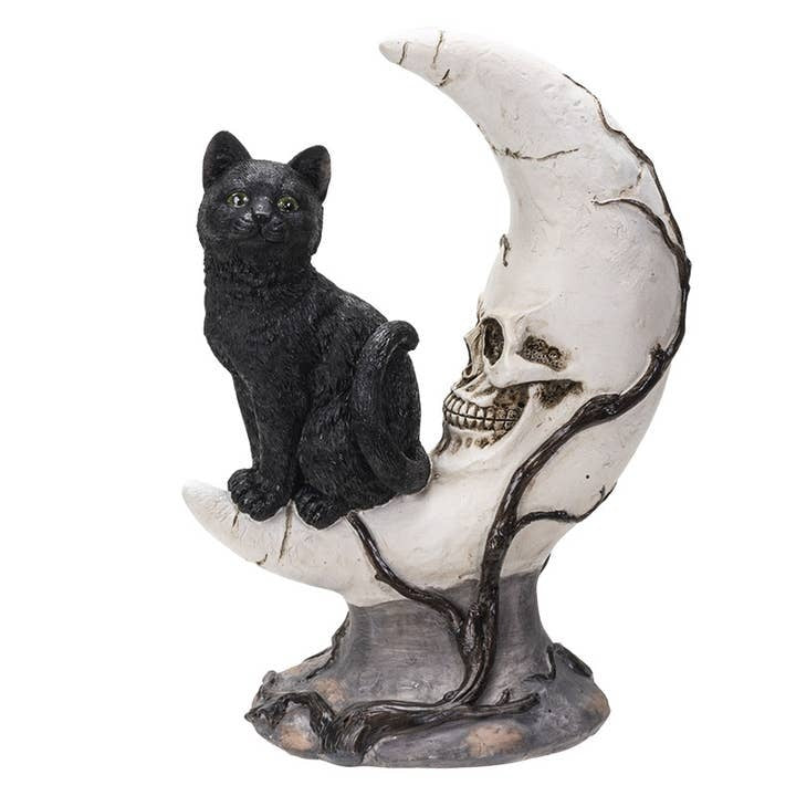 Black Cat on Skull Moon Statuette Mini 7.3" Gothic Desk Decor & Alchemy Display