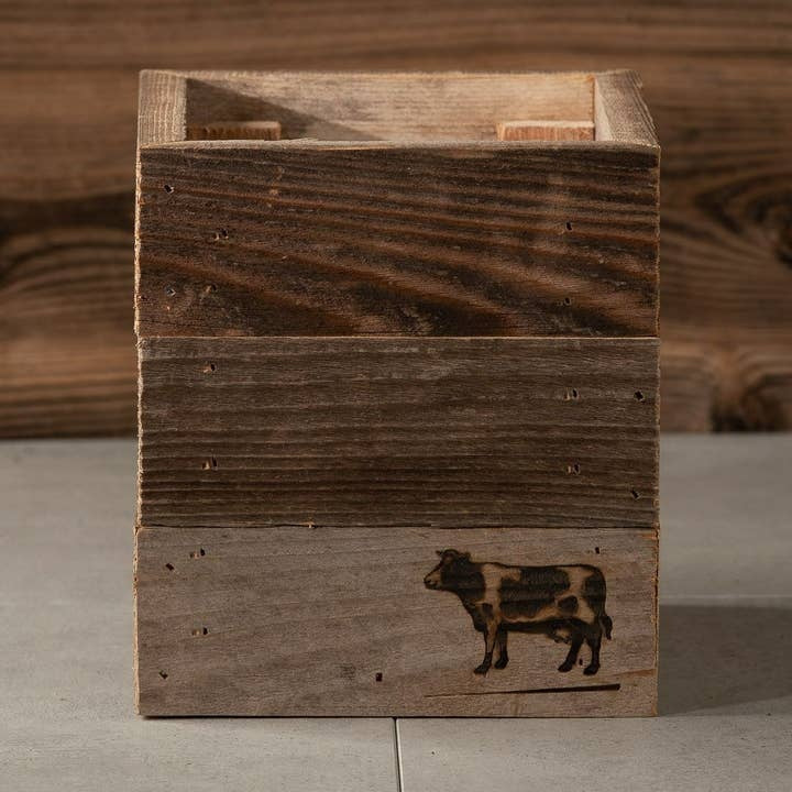 Rustic Wood Farmhouse Crock Cow Planter, Handmade 100% Reclaimed Wood