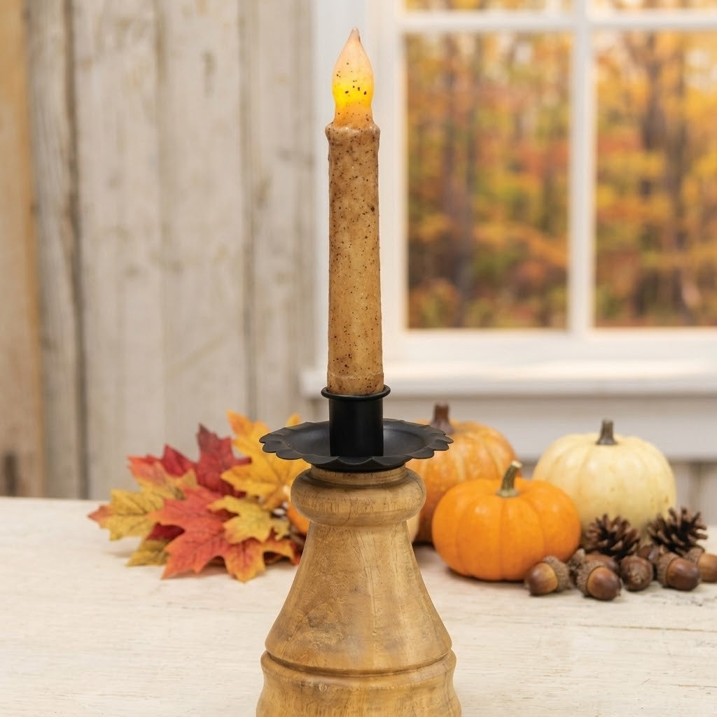 Natural Wood and Black Metal Cone Spindle Taper Candle Holder, 5.75"