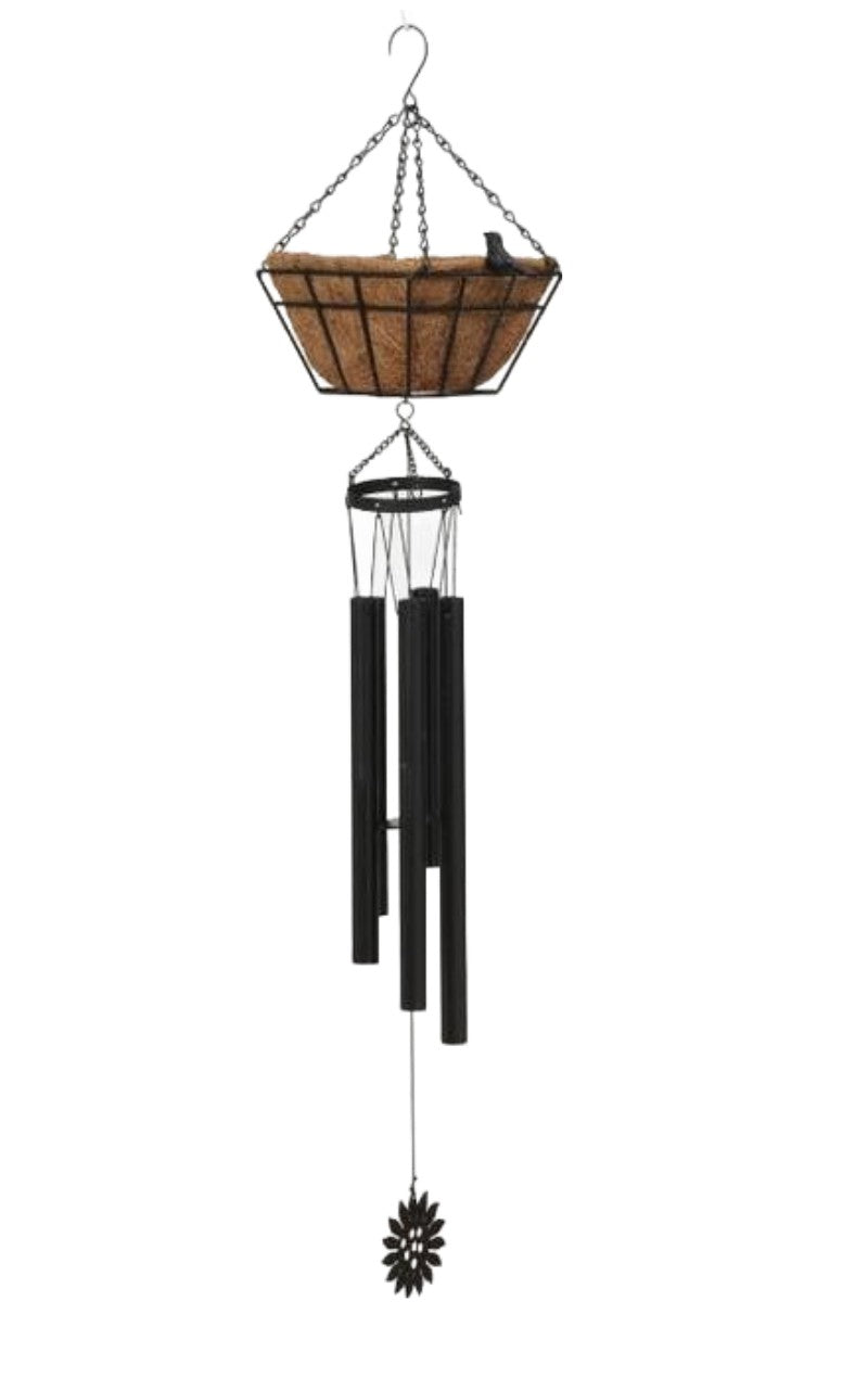 Flower Motif Metal Wind Chime with 6" Coco Mat Square Planter, 35.8"