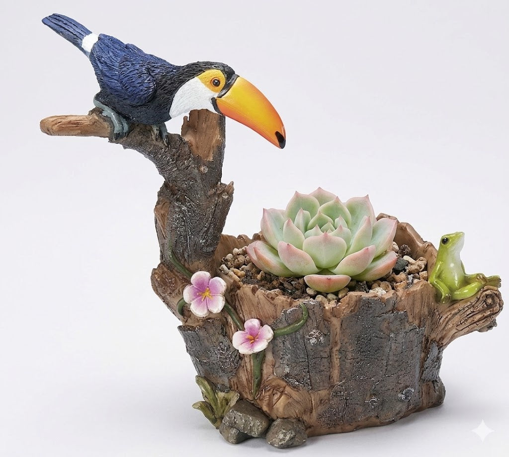 Toucan Bird and Frog Succulent & Tillandsia Resin Log Miniature Planter