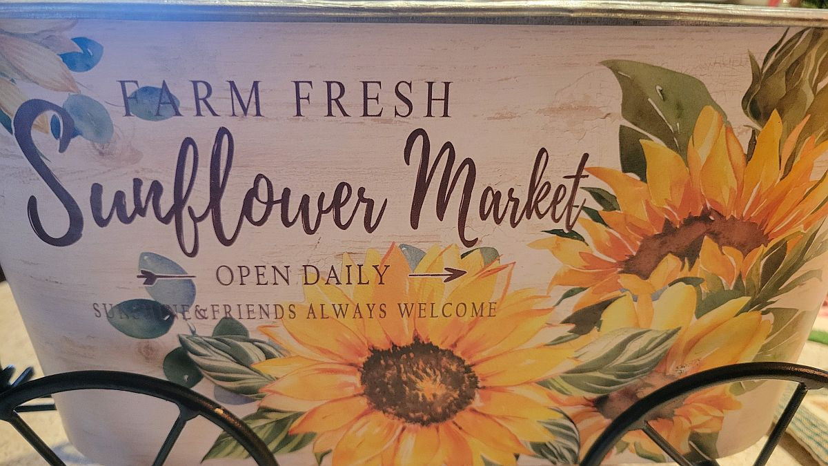 Farmhouse Sunflower Market Metal Wagon Planter, Rustic Galvanized Tin Flower Pot