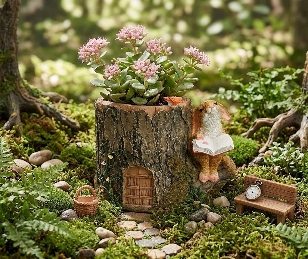 Whimsical Bunny Reading by Tree Stump Fairy Garden Miniature Planter