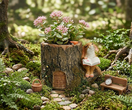 Whimsical Bunny Reading by Tree Stump Fairy Garden Miniature Planter