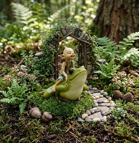 Woodland Pixie Elf Riding Green Frog, Miniature 3" Fairy Garden Figurine