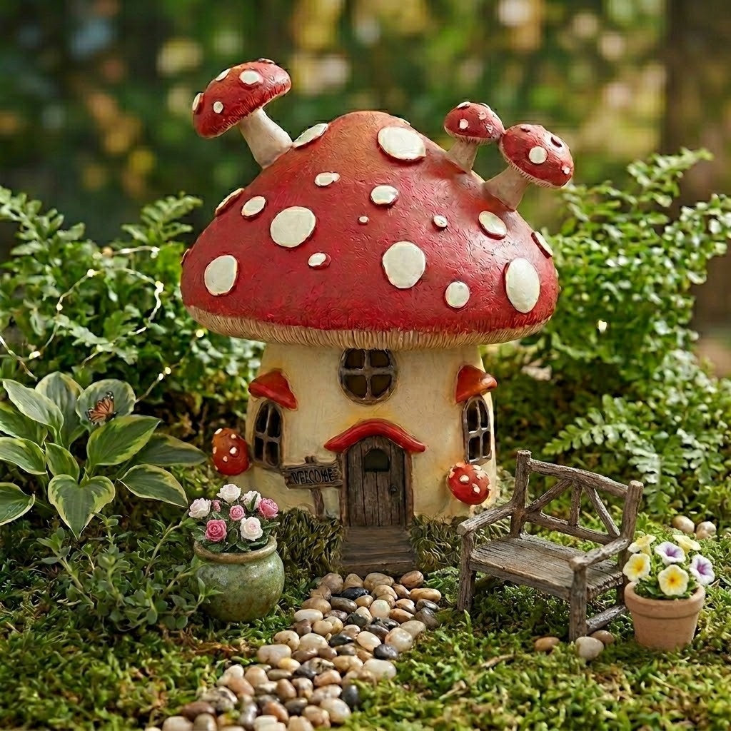 Whimsical Toadstool Fairy Garden Light Up Home, 8" LED Mushroom House