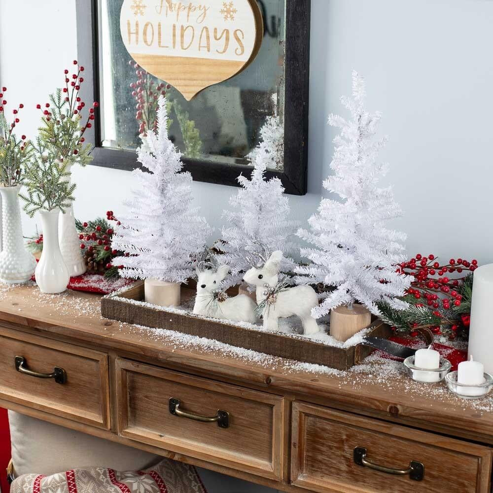 White Sisal Christmas Small Deer Set with Glitter Antlers, Holiday Shelf Decor