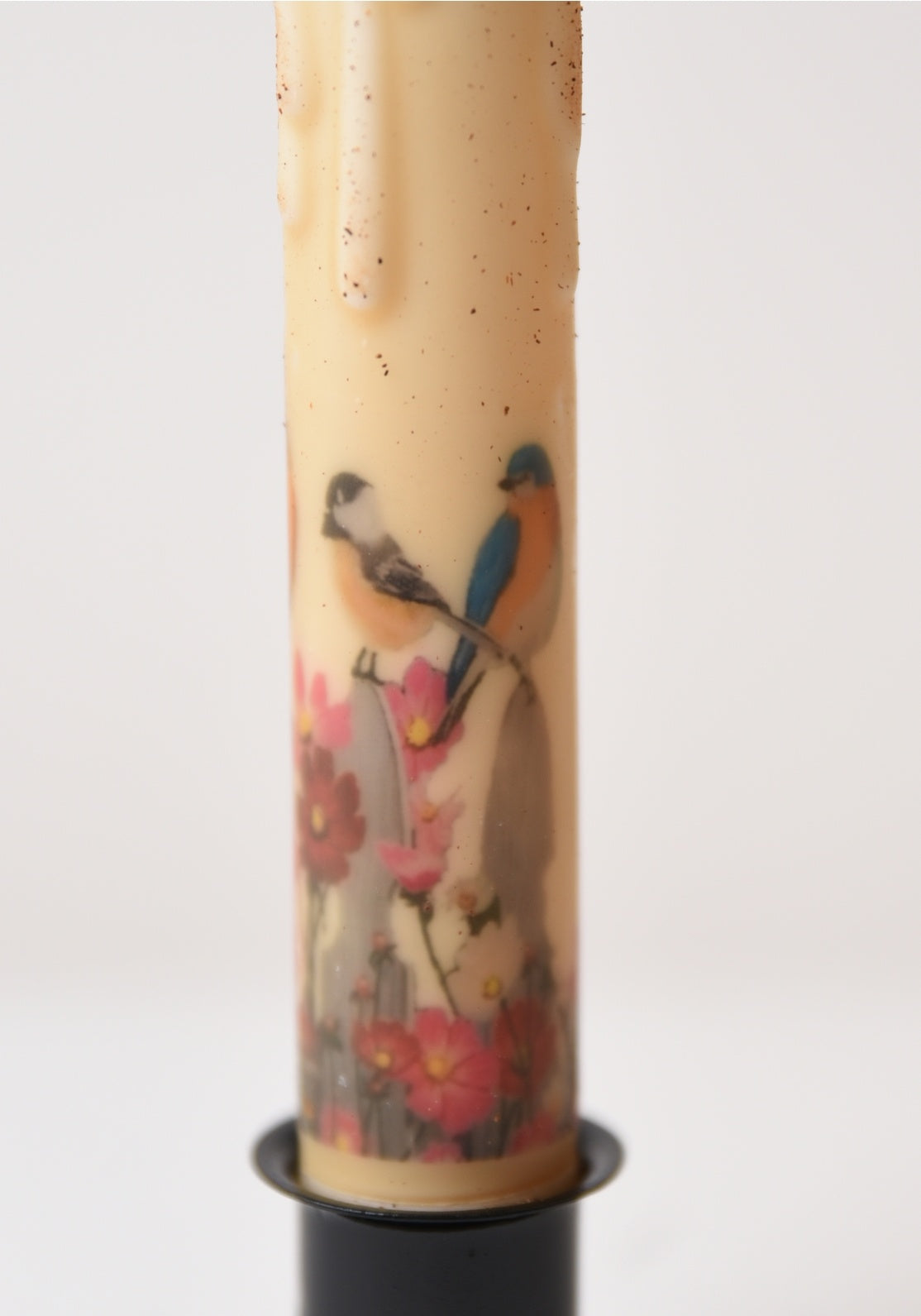 Rustic Primitive Bird & Floral 7" Timer Taper Candle with Black Metal Holder