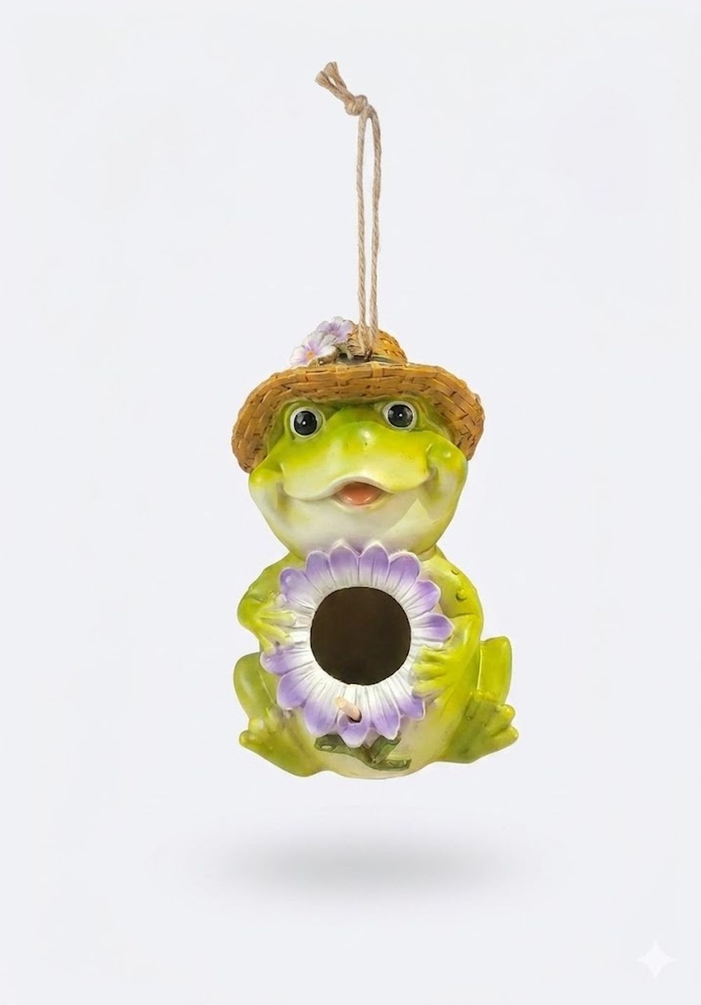 Green Frog with Hat, Floral Accents, 9" Hanging Birdhouse, Bird House