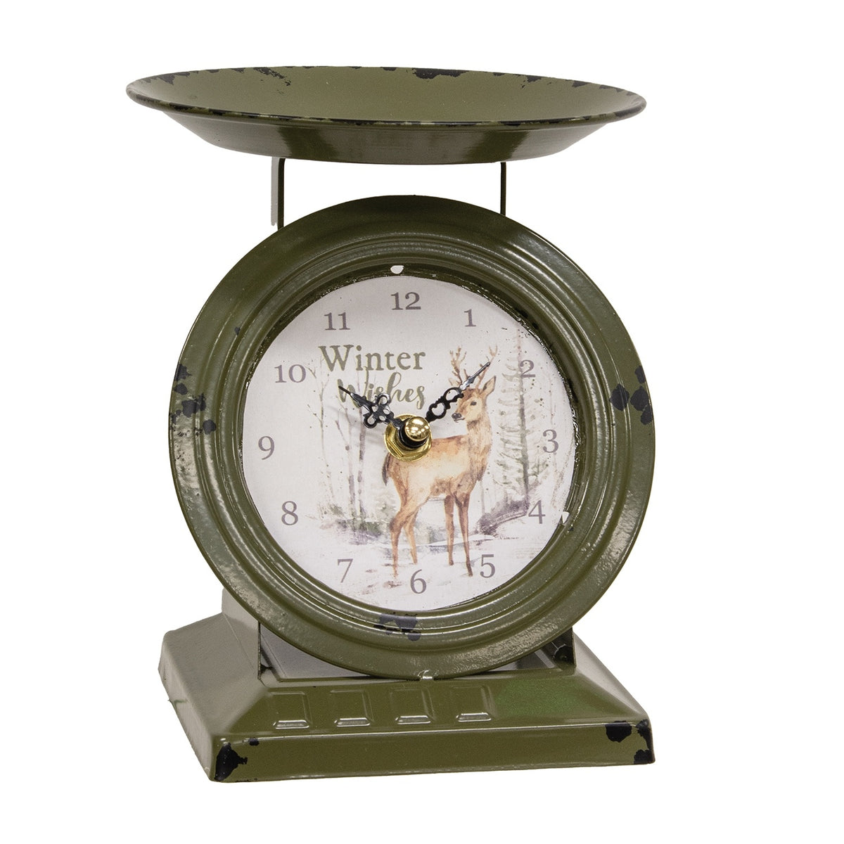 Distressed Vintage Style Green Winter Wishes Deer Metal Scale 7" Tabletop Clock