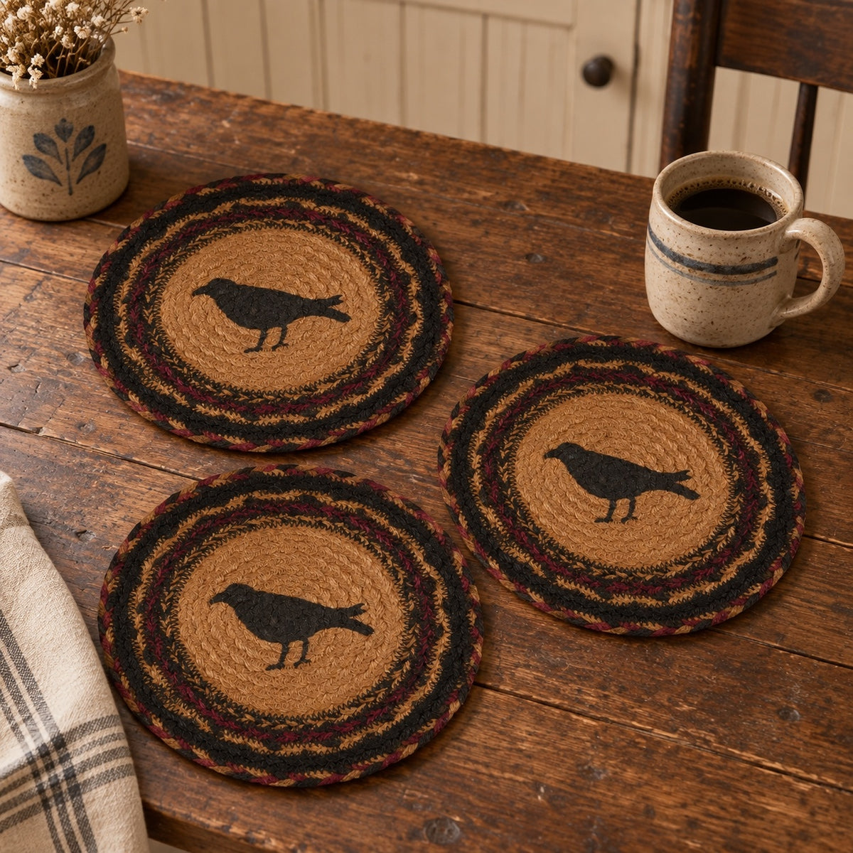 Heritage Farms Crow Jute Trivet Hot Pad 8 Inch Set of 3, Primitive Table Accents