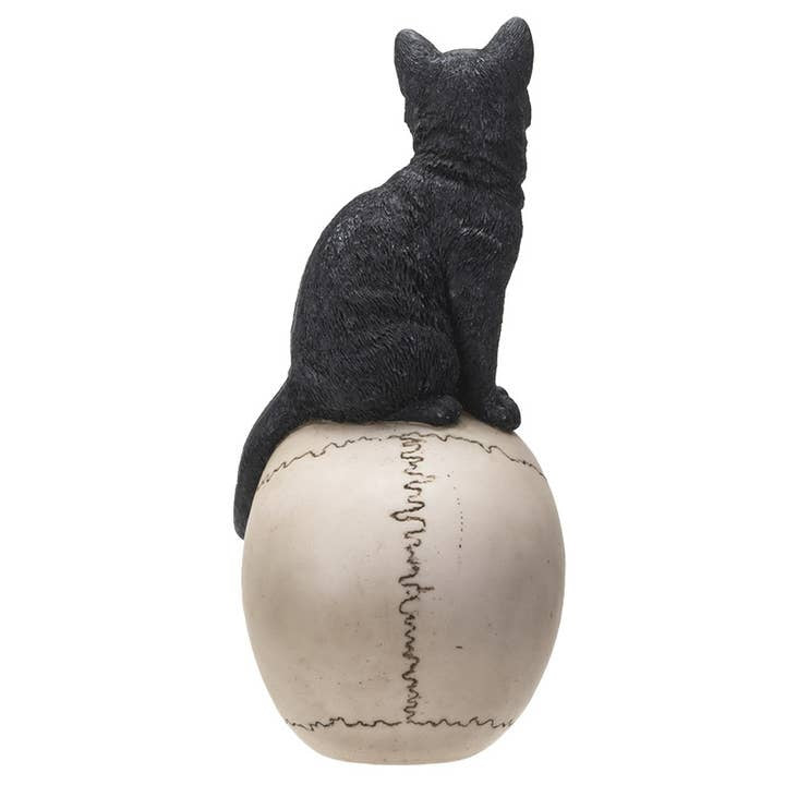 Black Cat on Skull Figurine Gothic Halloween Decor Small Resin 9 1/2" Statuette