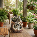 Woodland Raccoon in Tree Stump Planter, Small Rustic Faux Wood Resin Garden Pot