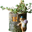 Whimsical Bunny Caller with Flowers by Tree Stump Fairy Garden Miniature Planter