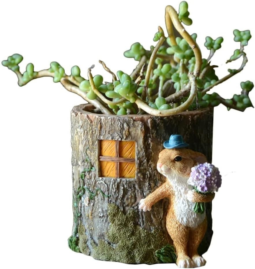 Whimsical Bunny Caller with Flowers by Tree Stump Fairy Garden Miniature Planter