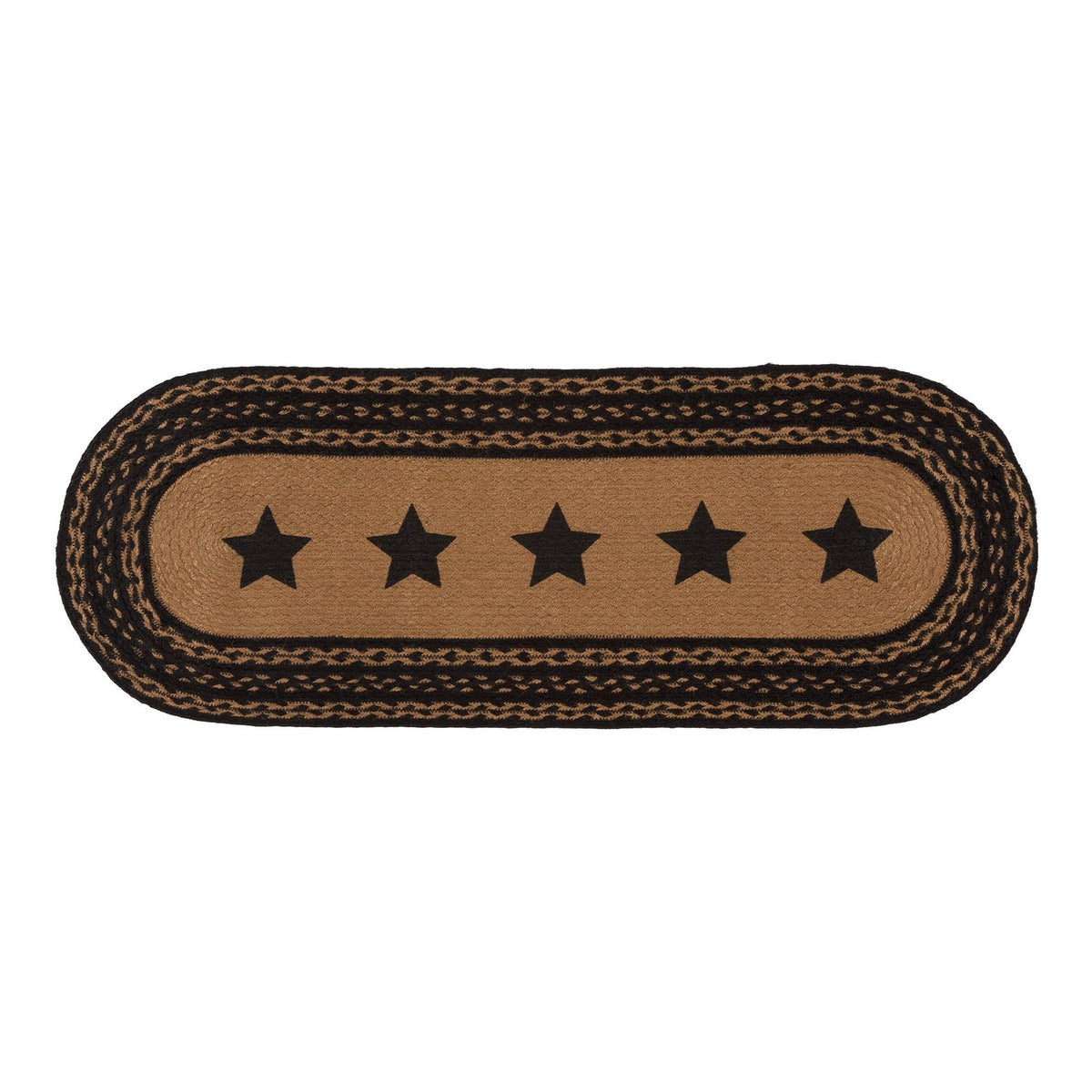 Braided Jute Oval Table Runner 13" x 36" Primitive Black Star Colonial Folk Art
