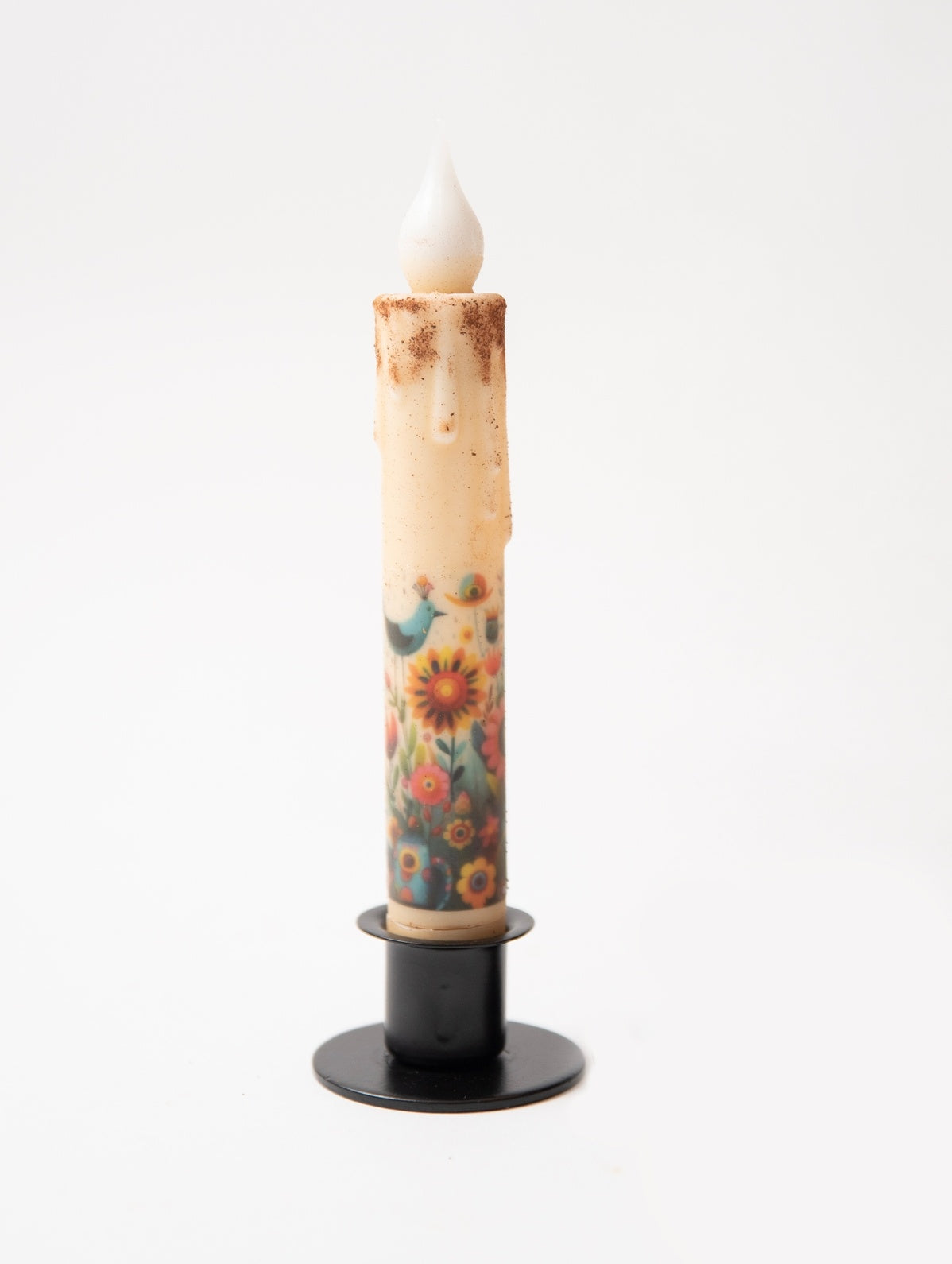 Primitive Folk Art Birds & Flowers 7" Timer Taper Candle and Black Metal Holder