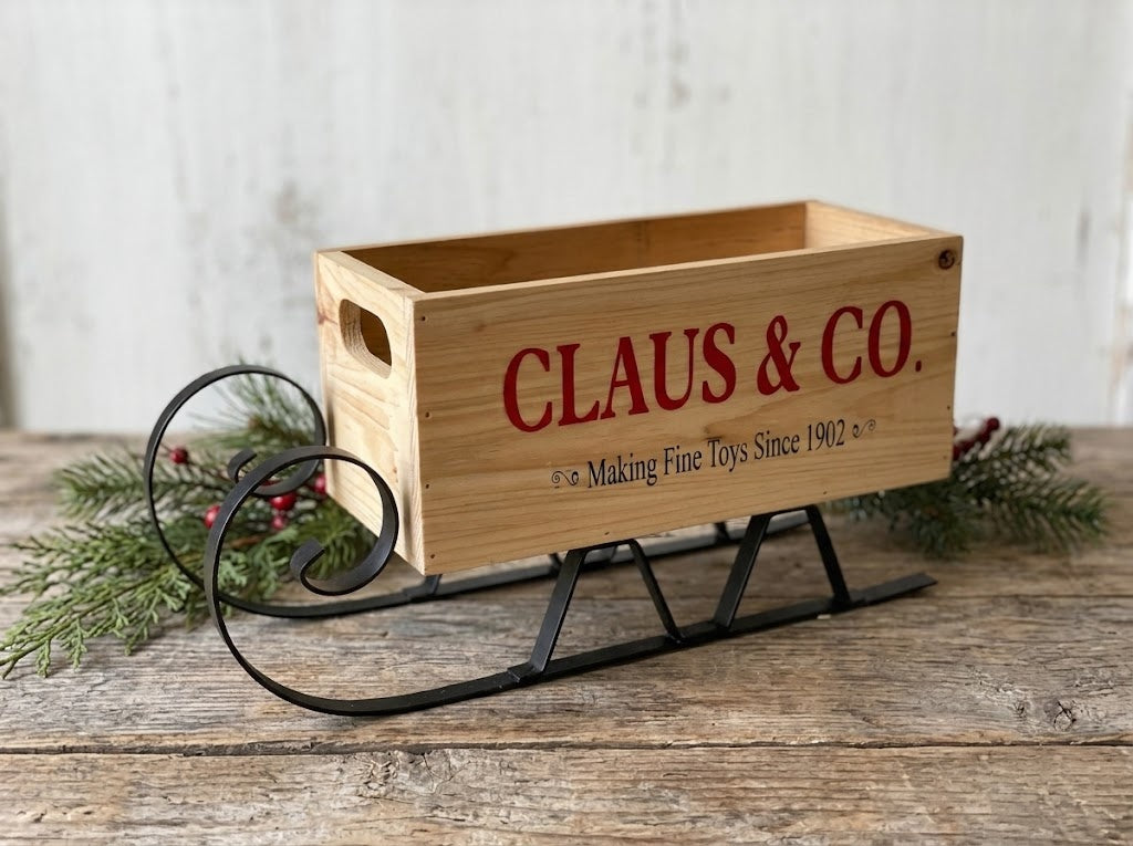 Claus & Co. 12" Wood Christmas Sleigh Crate – Primitive Farmhouse Holiday Decor
