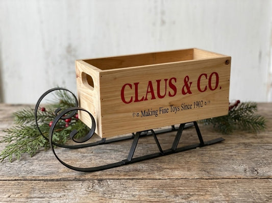 Claus & Co. 12" Wood Christmas Sleigh Crate – Primitive Farmhouse Holiday Decor
