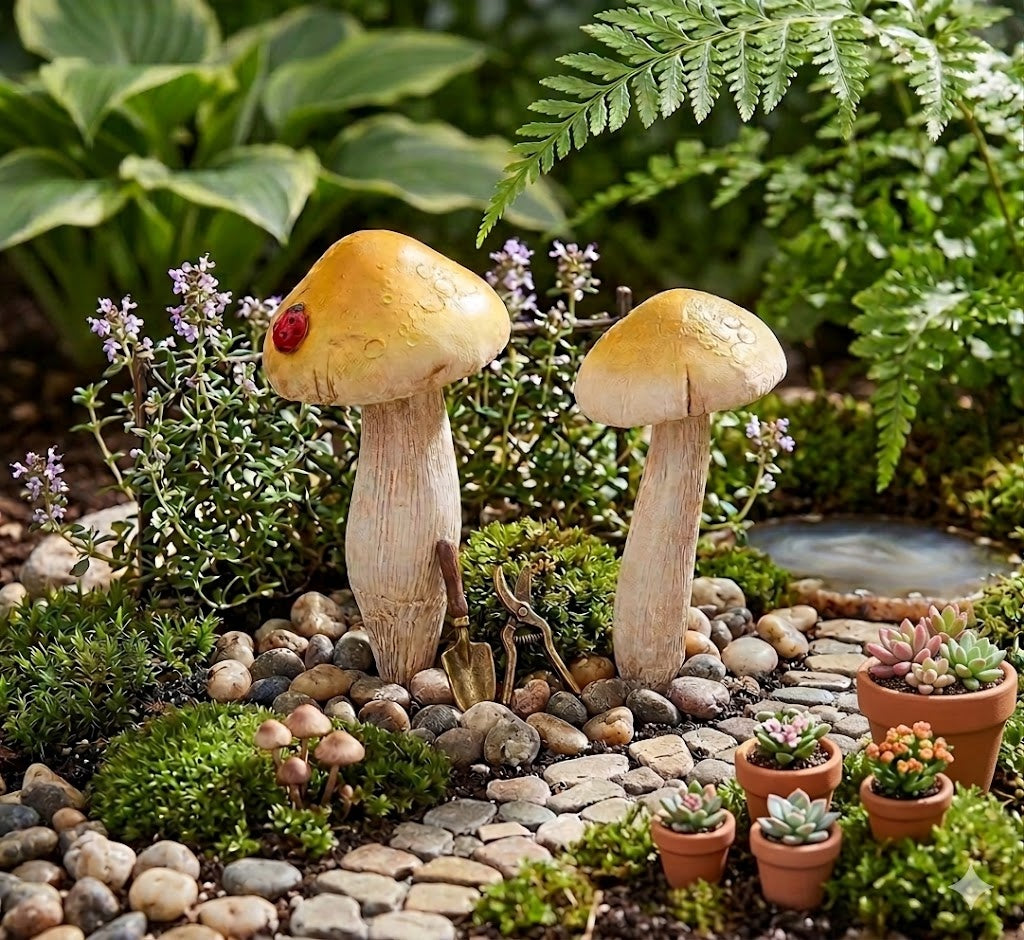 Miniature Fairy Garden and Terrarium Set of 2 Yellow Mushrooms, Ladybug Accent