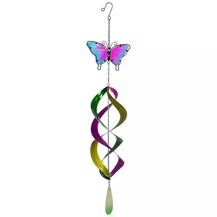 Pink and Blue Butterfly Colorful Wind Spinner Mobile with Pendant, 32"