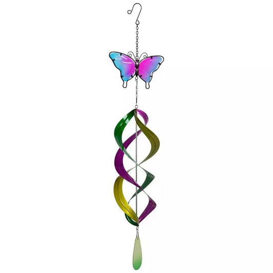Pink and Blue Butterfly Colorful Wind Spinner Mobile with Pendant, 32"