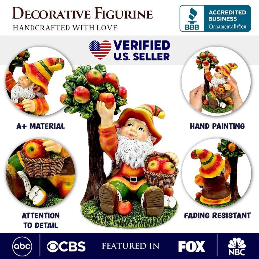 Johnny Apple Gnome Garden Statue, 8.5" Orchid Picker Whimsical Dwarf Figurine