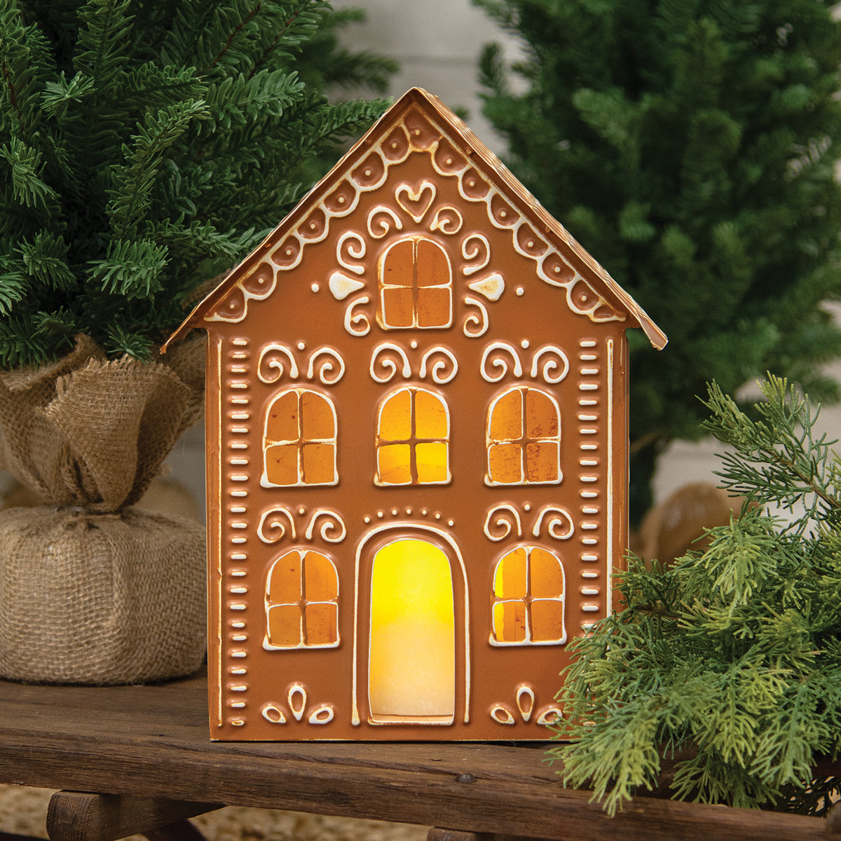 Gingerbread House Large 12" Metal Luminary - Christmas Village Holiday Decor