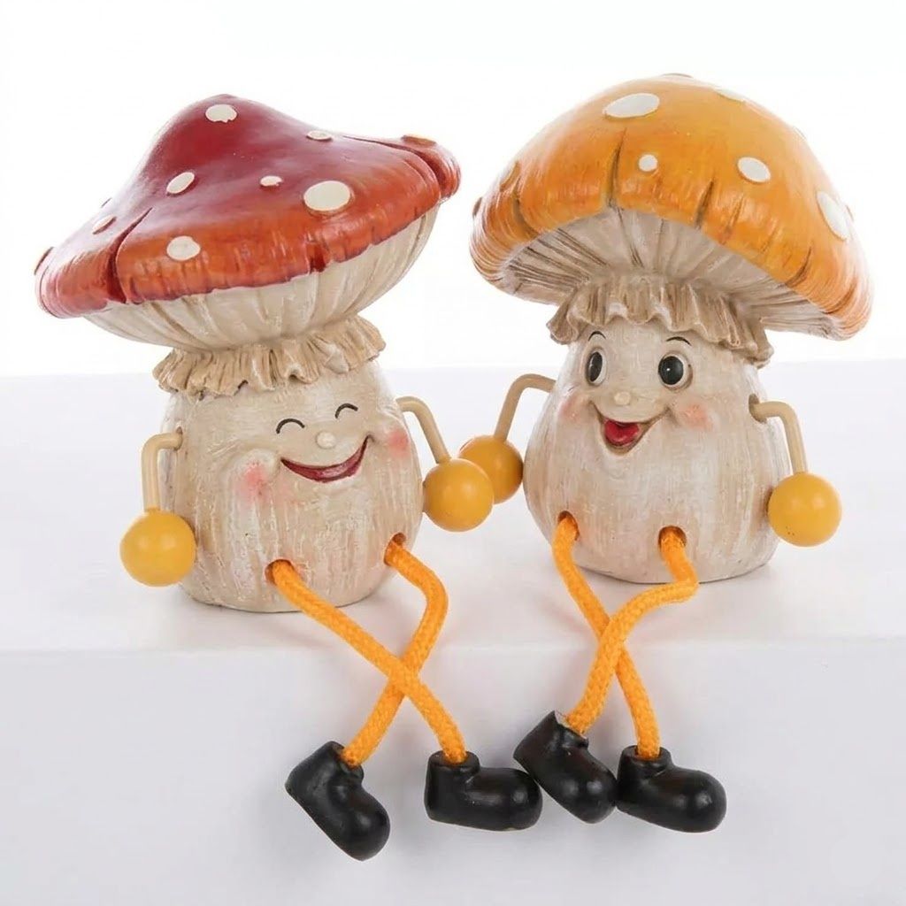 Fairy Garden Mushroom Shelf Sitter Set 2pc Whimsical Dangling Leg Figurines