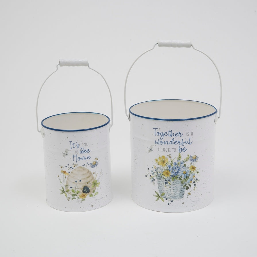 Farmhouse Enamel-Style Floral Bee Metal Nesting Garden Bucket Pails, Set of 2