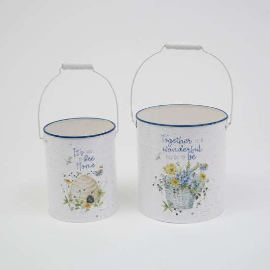 Farmhouse Enamel-Style Floral Bee Metal Nesting Garden Bucket Pails, Set of 2