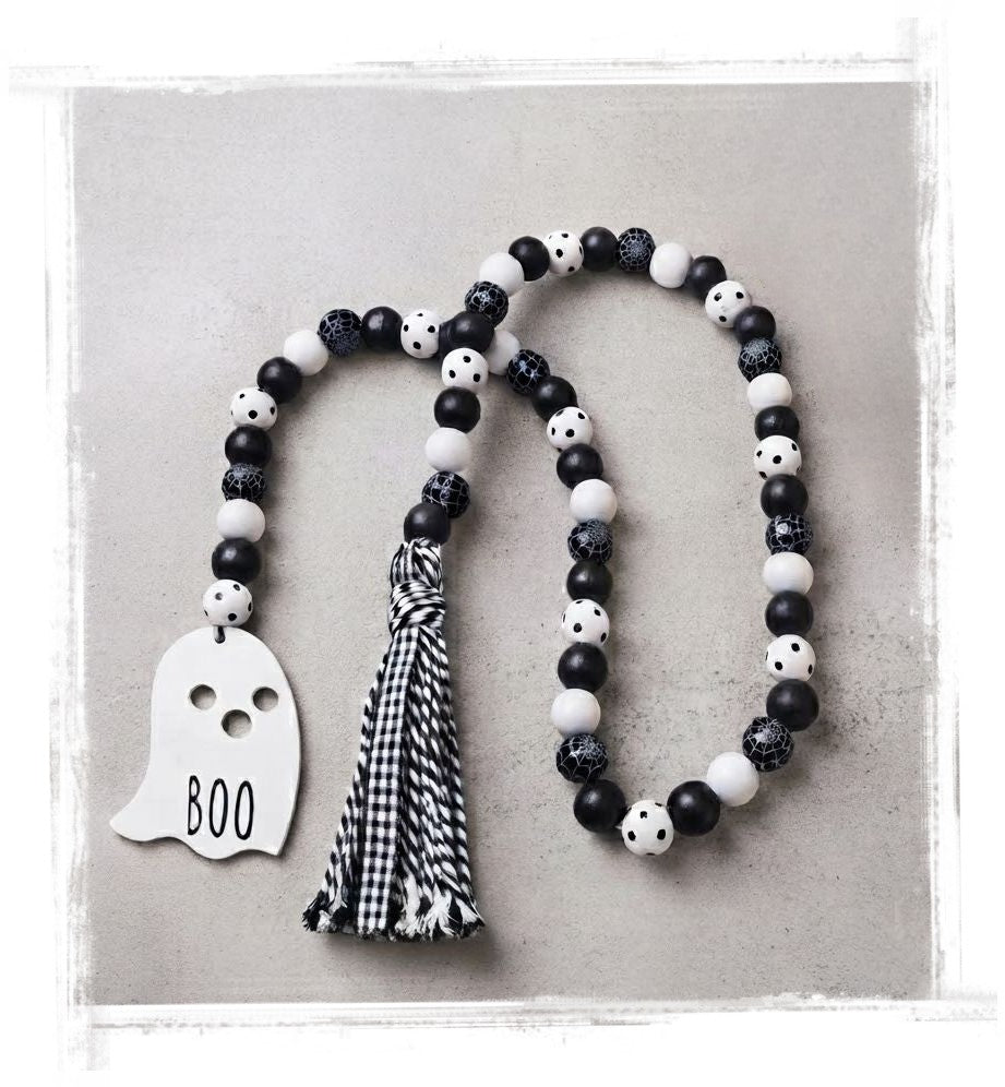 Halloween 40" Black and White Bead Garland Boo Ghost Charm and Fabric Tassel