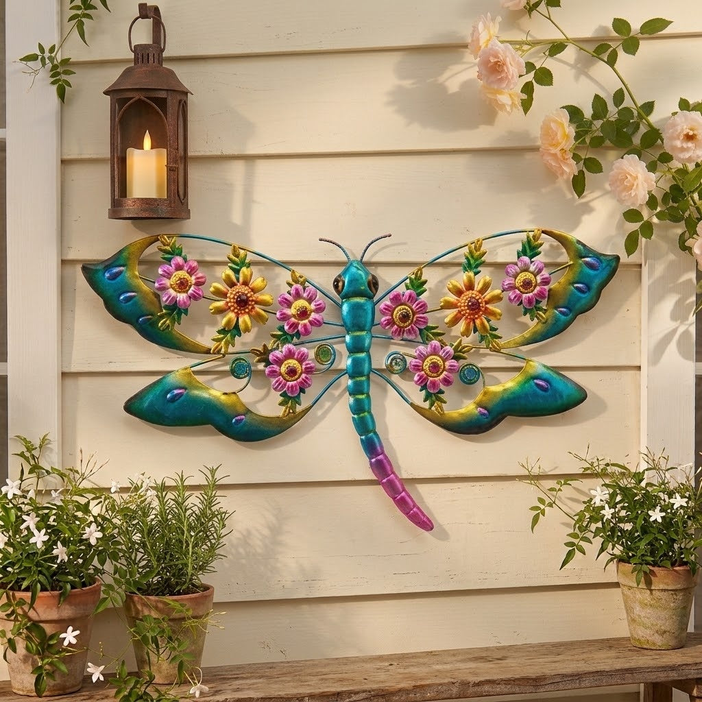21.5" Colorful Metal and Acrylic Floral Dragonfly Indoor/Outdoor Wall Art