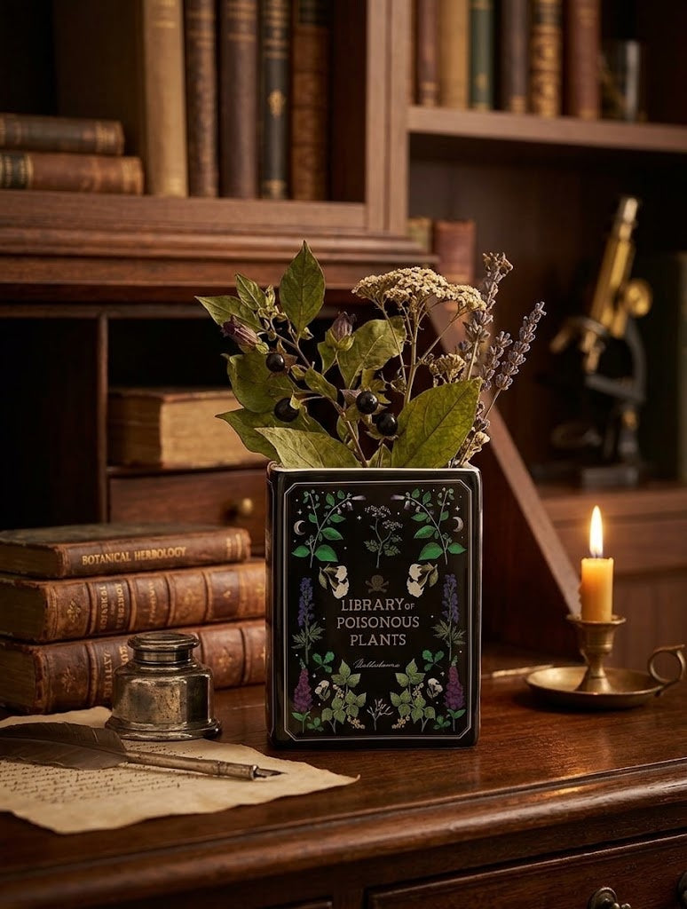 "Library of Poisonous Plants" Book-Shaped Ceramic Vase Gothic Botanical Decor