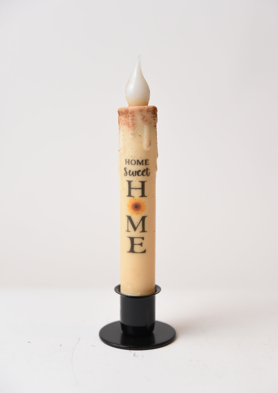 Home Sweet Home Primitive 7" Led Timer Taper Candle and Black Holder Set