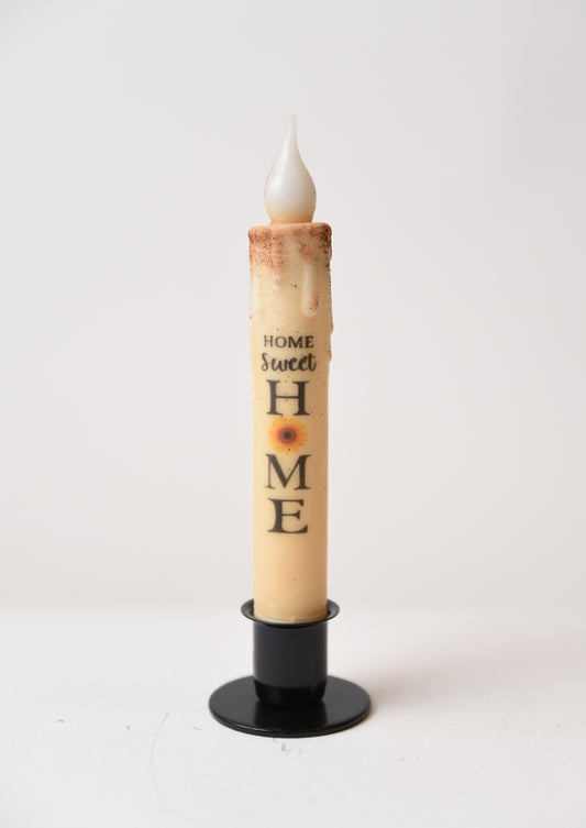Home Sweet Home Primitive 7" Led Timer Taper Candle and Black Holder Set