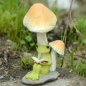 Miniature Resin Green Frog Reading on Rock with Toadstool Mushrooms Figurine