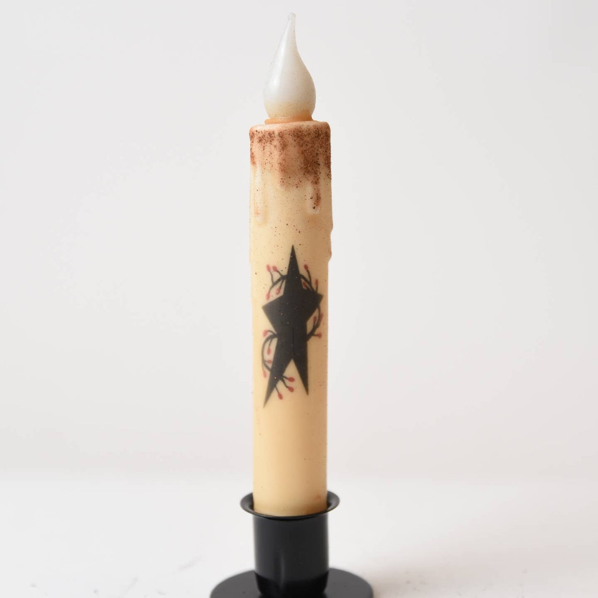 Primitive Star and Pip Berries 7" Led Timer Taper Candle and Black Holder Set