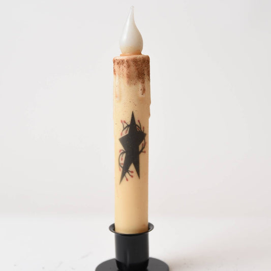 Primitive Star and Pip Berries 7" Led Timer Taper Candle and Black Holder Set