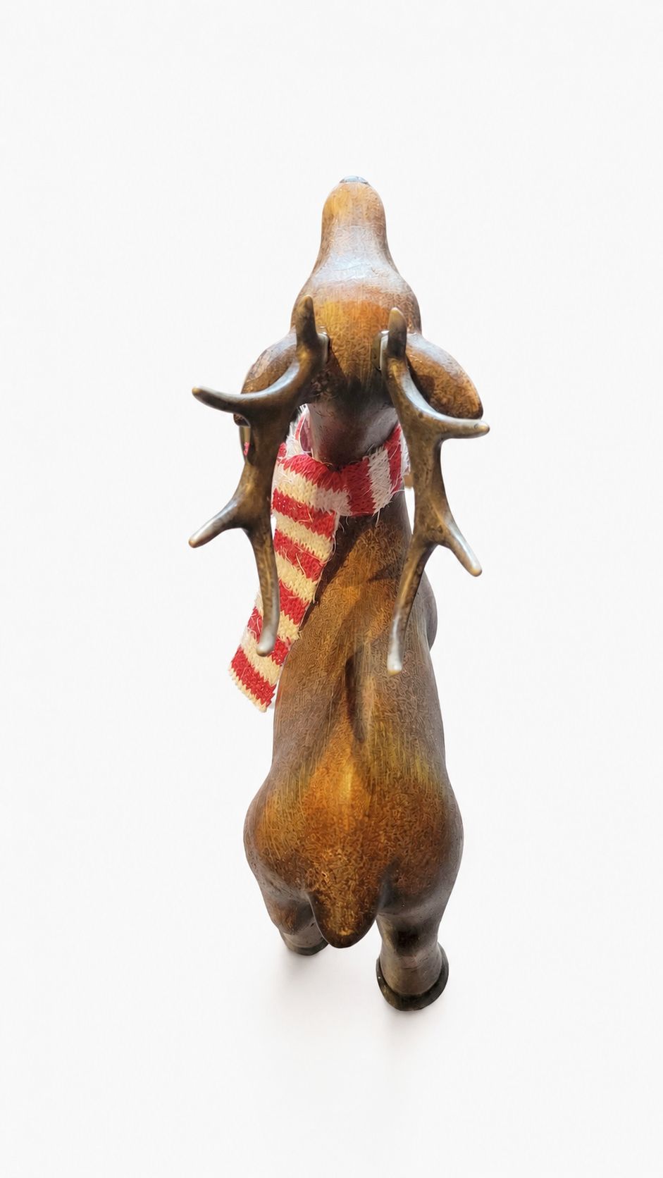 Christmas Reindeer Figurine 8" Faux-Wood Finish Ceramic Deer with Striped Scarf