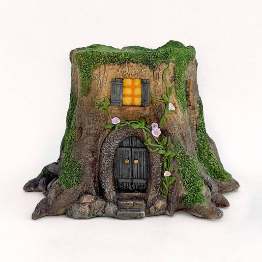 Rustic Tree Stump House Miniature Planter, Fairy Garden, Log Cabin Flower Pot