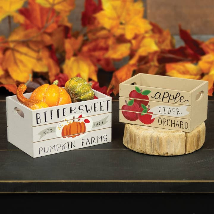 Miniature Fall Harvest Wooden Crate 2-Piece Set, Pumpkin & Apple Orchard Bins