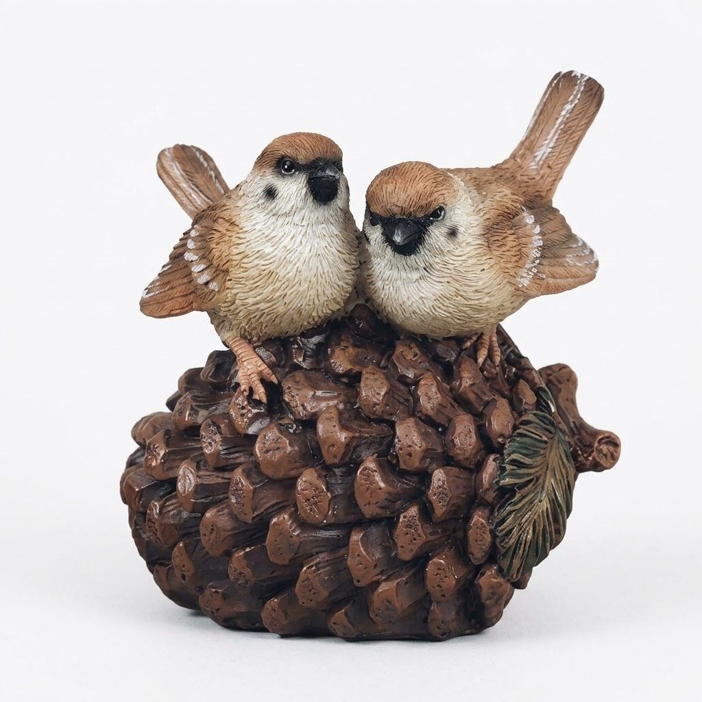 Autumn Pinecone & Songbirds Figurine 5" - Woodland Bird Fall Tabletop Accent