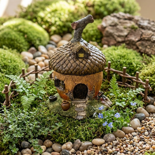 Miniature Acorn Fairy Garden House 5 1/2" – Rustic Woodland Gnome Cottage