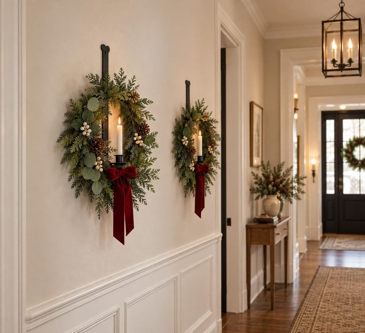 Black Iron 18" Wall Mount Hand-Crafted Holiday Wreath & Taper Candle Holder