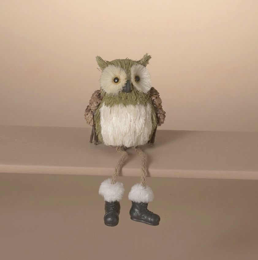 Hand-Crafted Sisal and Jute Wise Woodland Owl 12" Shelf Sitter in Light Green
