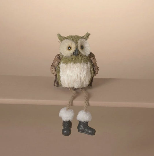 Hand-Crafted Sisal and Jute Wise Woodland Owl 12" Shelf Sitter in Light Green